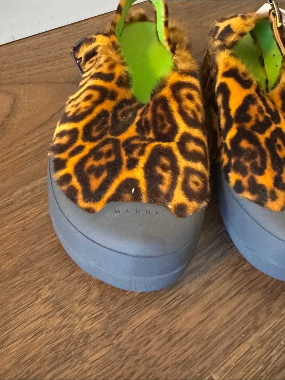 Marni Leopard Print Fur Slingback Loafers with Neon Green Insole